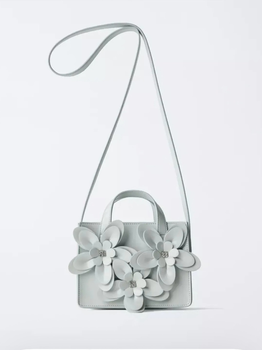 Zara Girls' Floral And Rhinestones Applique Crossbody Bag - Light Blue NWT